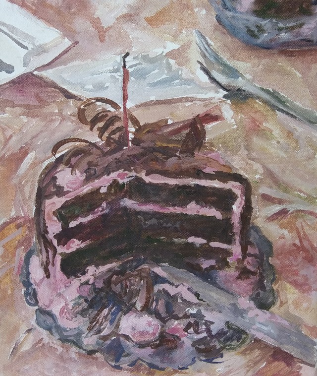 painting of chocolate and strawberry birthday cake on small canvas, candle blown out and sliced into