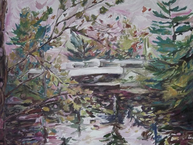 Acrylic painting on canvas of white bridge over a river in the fall