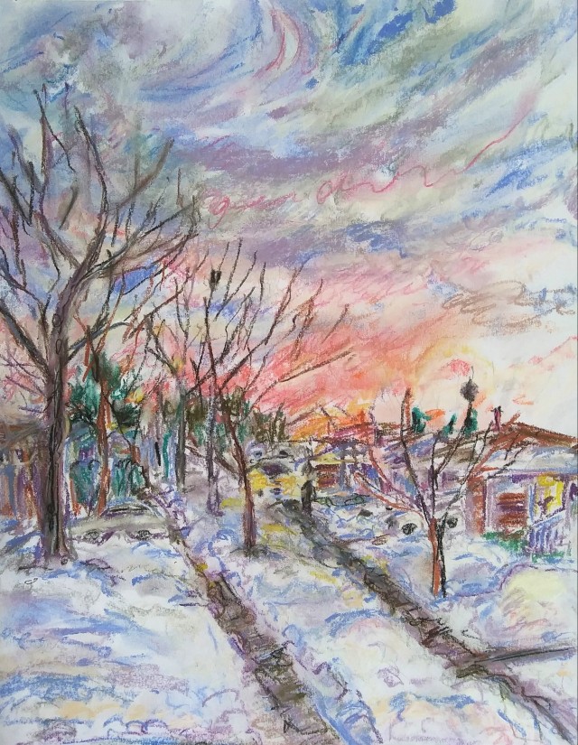 A pastel drawing on paper of the view down a suburban street as the sun sets, casting an orange glow in the sky