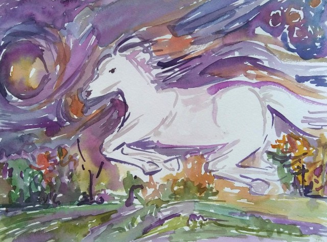 A white horse running in the purple night sky, over a field in autumn