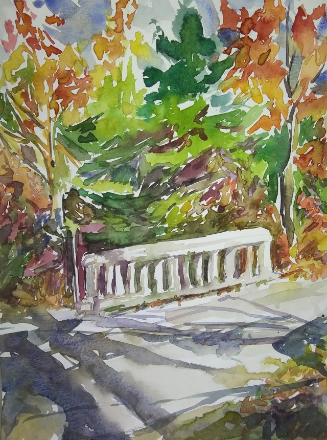 A watercolour painting of a small white bridge in the fall, colourful leaves surround