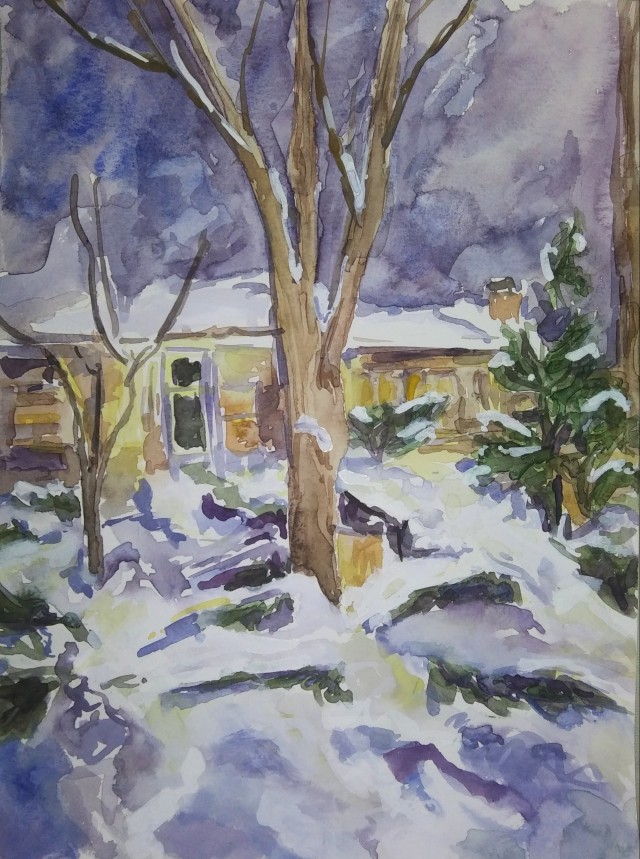 A watercolor painting of a house at night, tree in front, covered in snow
