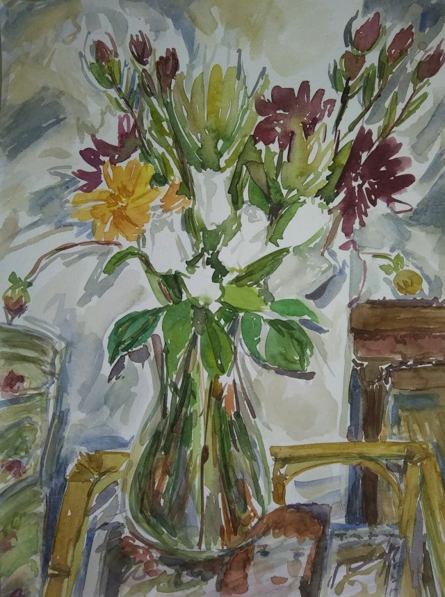 A painting of a glass vase of flowers with white roses, orange gerbera daisies, maroon dahlias, sitting atop a glass table in a living room