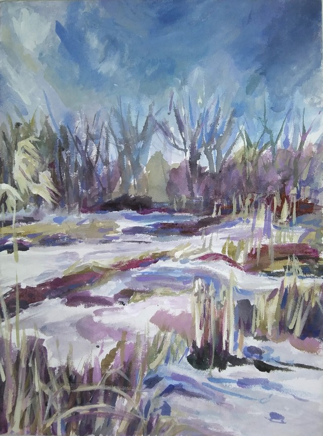 An acrylic painting of grasses at a park in winter, sun is shining, sky is blue, snow is on the ground, melting in some places