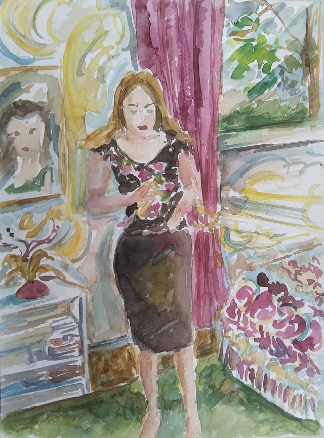 A watercolor painting of a woman spraying perfume on her wrist, standing beside a bed and in front of a curtain, done in pinks blues, black and green